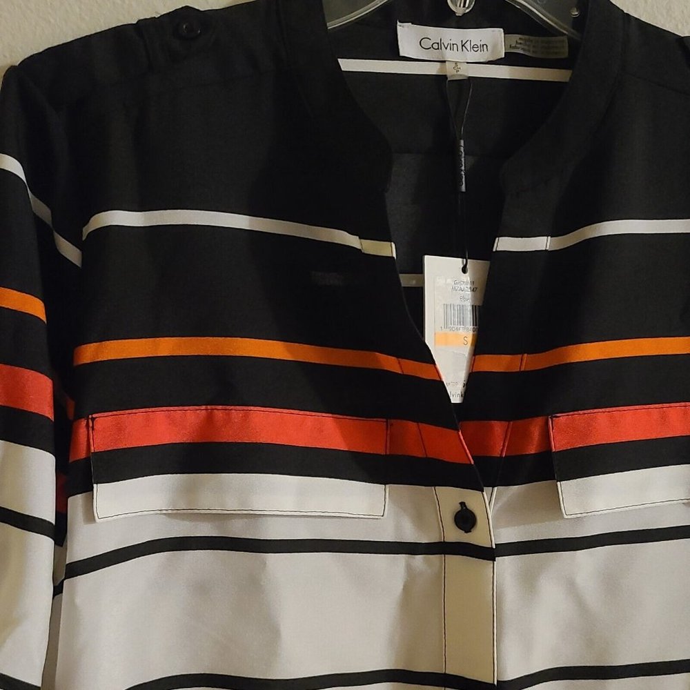 Calvin Klein Blouse Top Black White Pink Orange Stripe Women Size Small Roll-Tab - Picture 4 of 8